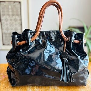 Furla Black Patent Tote with Brown Handles